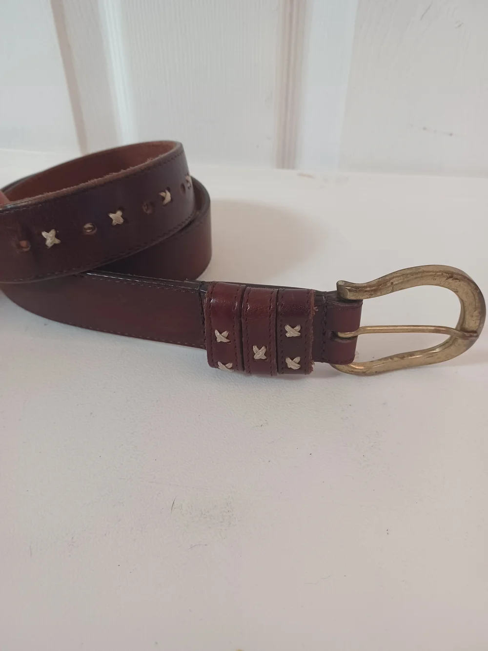 Vtg The Ritz Genuine Leather Belt Brown Brass Loop Cross Stitch Size 29 Boho 90s